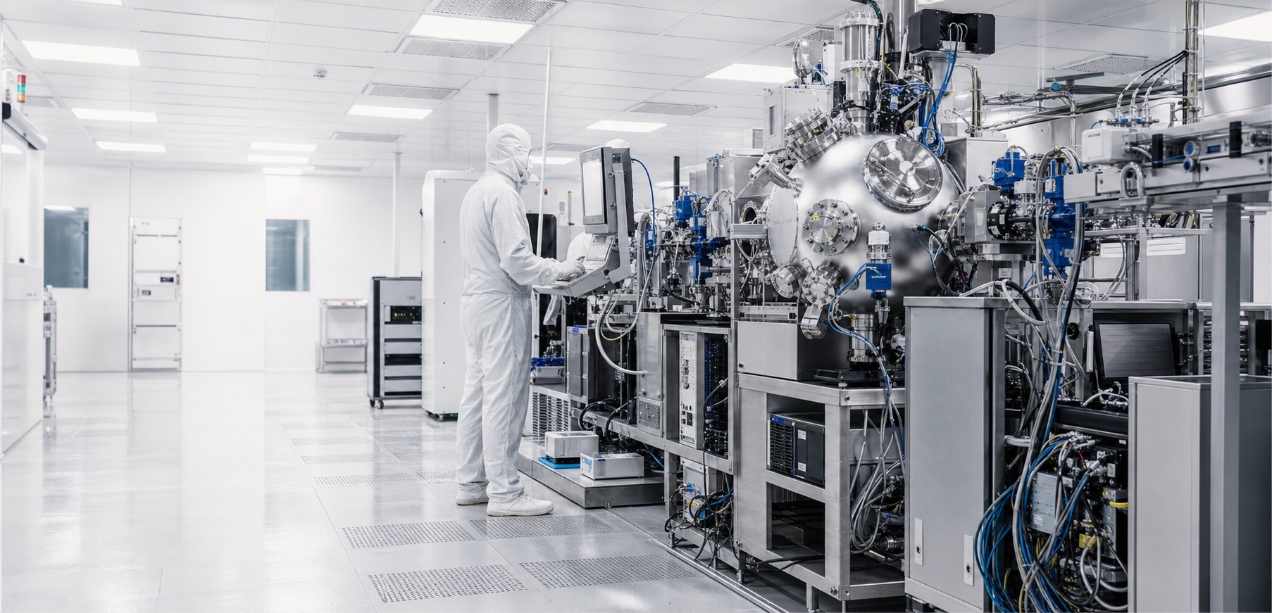 Engineer operating molecular beam epitaxy equipment in a compound-semiconductor cleanroom